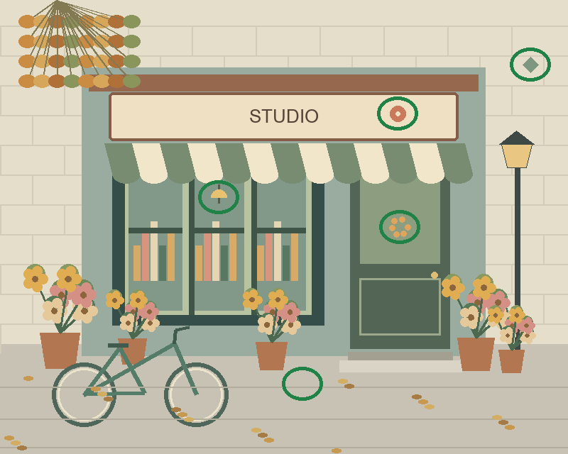 Illustrated studio storefront with a striped awning, plants, a bicycle and a street lamp — all five differences circled in green