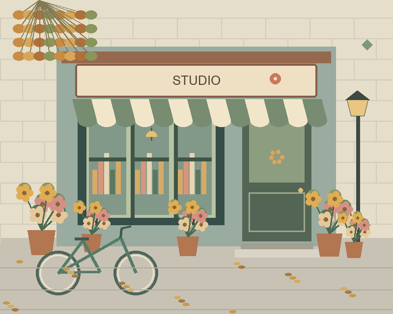 Illustrated studio storefront with a striped awning, plants, a bicycle and a street lamp — comparison picture