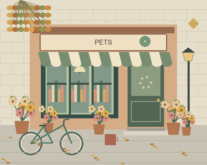 Illustrated pets storefront with a striped awning, plants, a bicycle and a street lamp