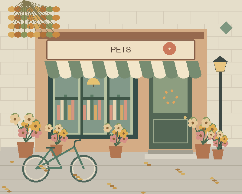 Illustrated pets storefront with a striped awning, plants, a bicycle and a street lamp — comparison picture