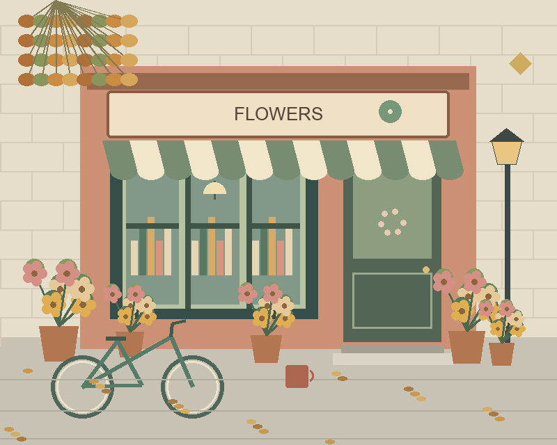 Illustrated flowers storefront with a striped awning, plants, a bicycle and a street lamp