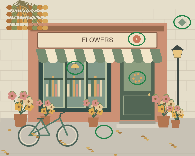 Illustrated flowers storefront with a striped awning, plants, a bicycle and a street lamp — all five differences circled in green