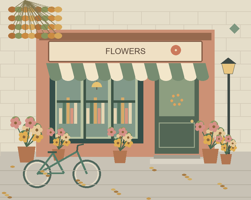 Illustrated flowers storefront with a striped awning, plants, a bicycle and a street lamp — comparison picture