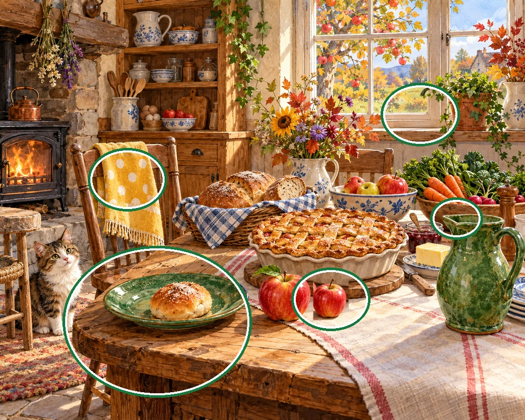 A sunny rustic kitchen with apple pie, bread, harvest produce and a curious cat. — all five differences circled in green