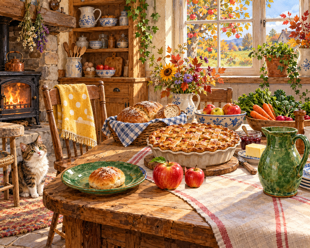 A sunny rustic kitchen with apple pie, bread, harvest produce and a curious cat. — comparison picture