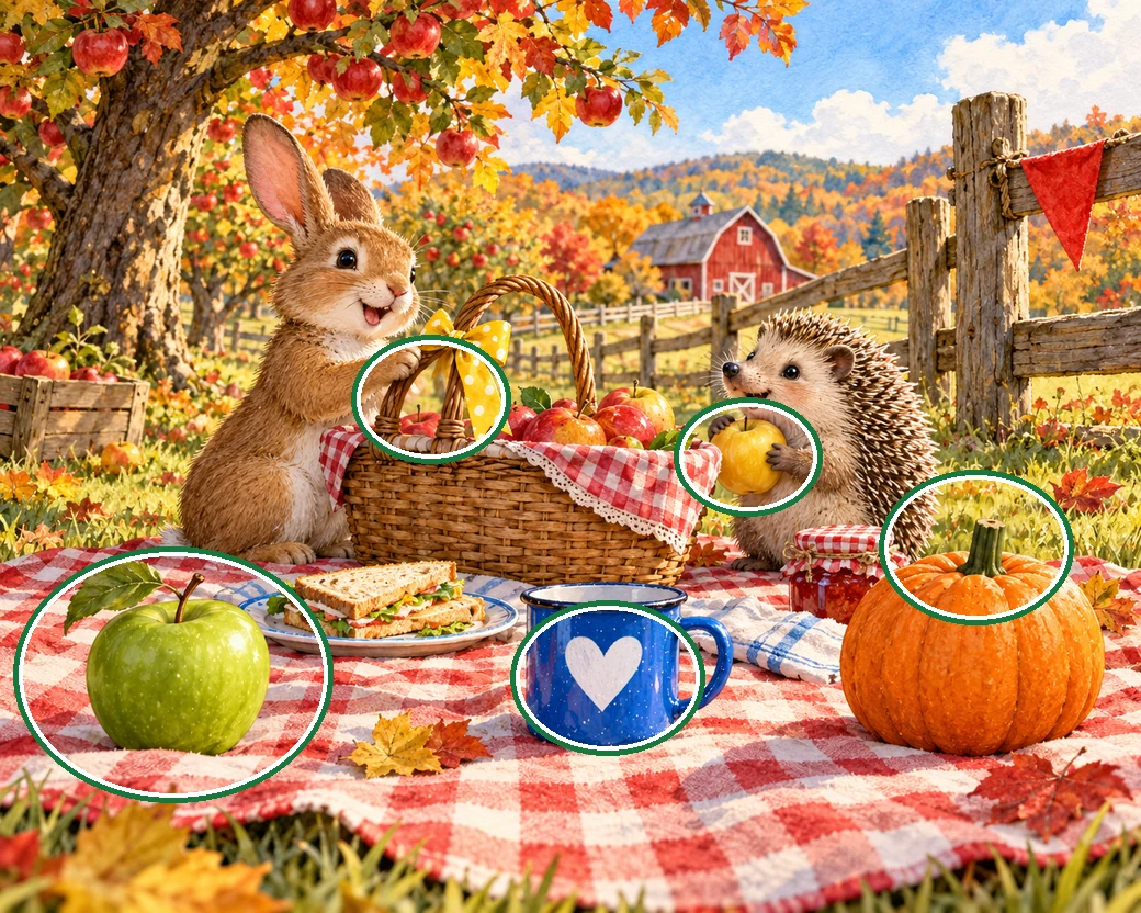 A rabbit and hedgehog share an apple harvest picnic in a sunlit autumn orchard. — all five differences circled in green