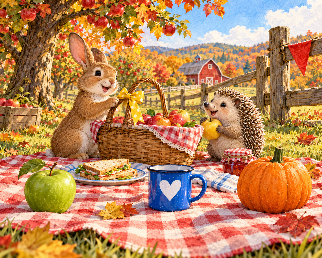 A rabbit and hedgehog share an apple harvest picnic in a sunlit autumn orchard. — comparison picture