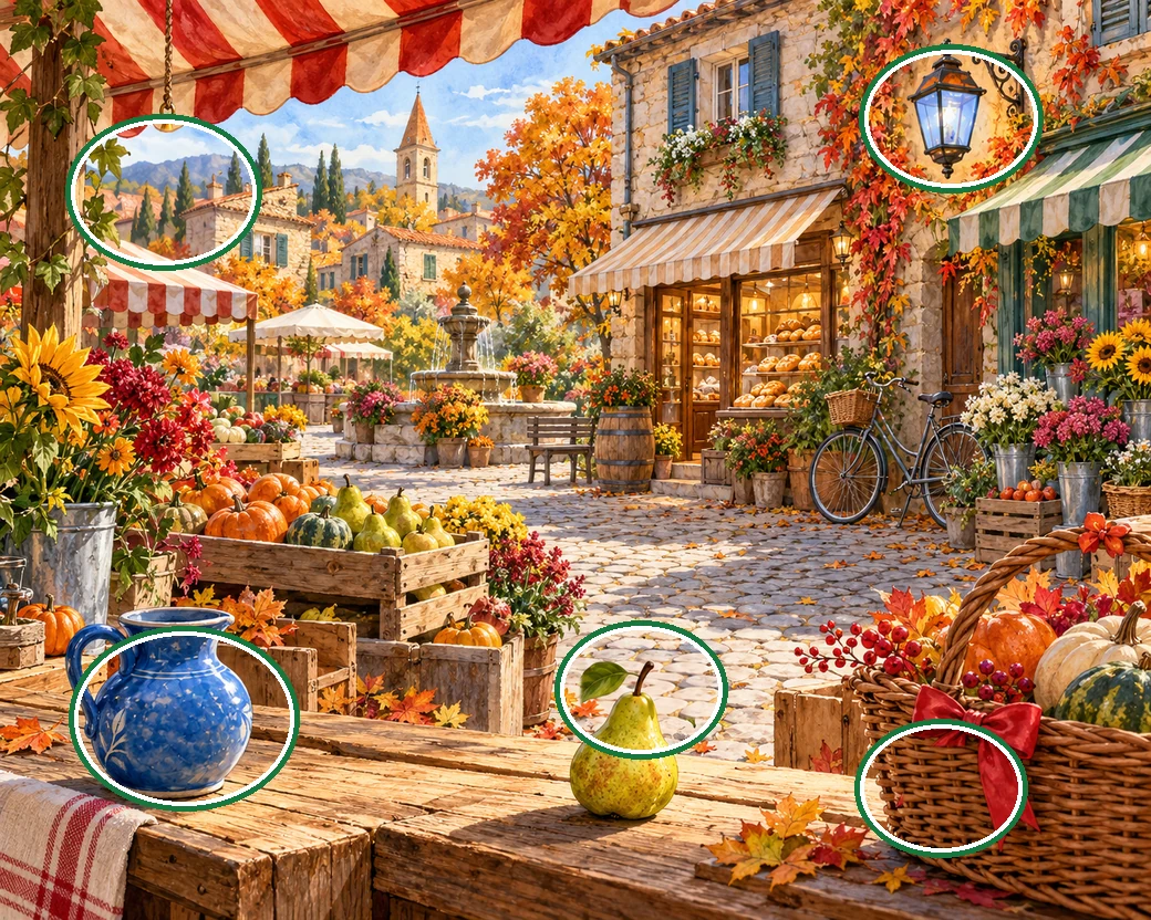 A richly detailed autumn village market with pumpkins, pears, baskets and glowing shop windows. — all five differences circled in green