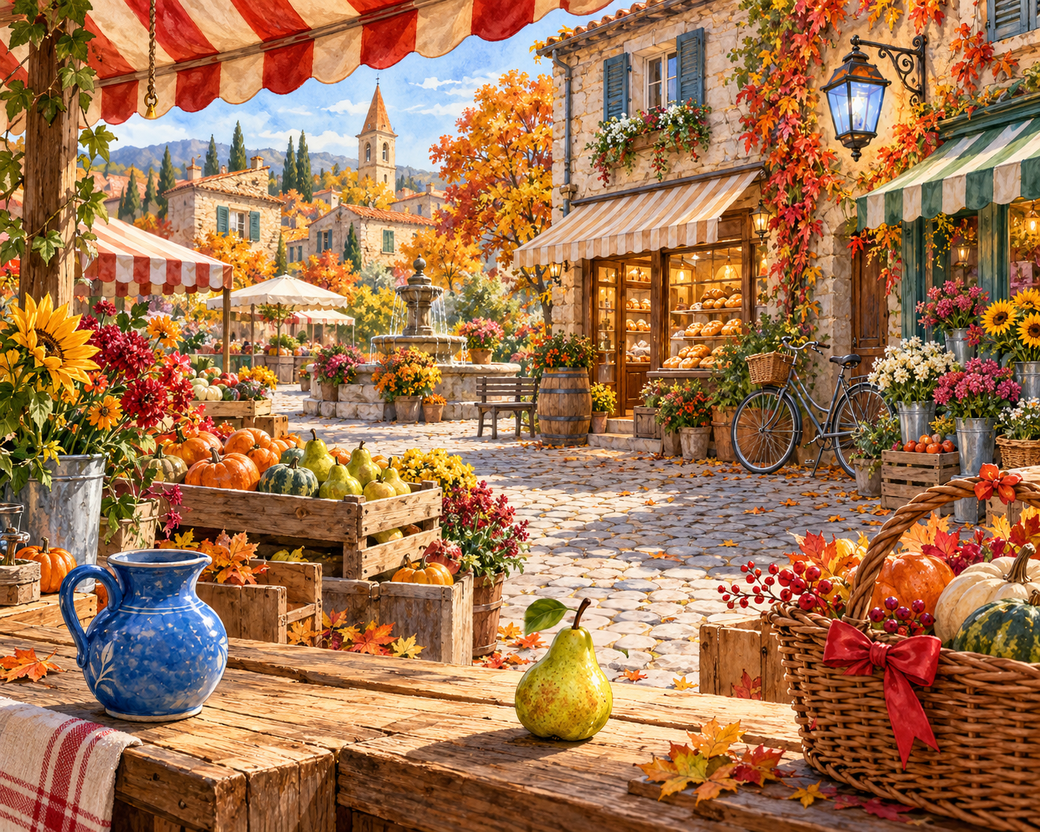 A richly detailed autumn village market with pumpkins, pears, baskets and glowing shop windows. — comparison picture