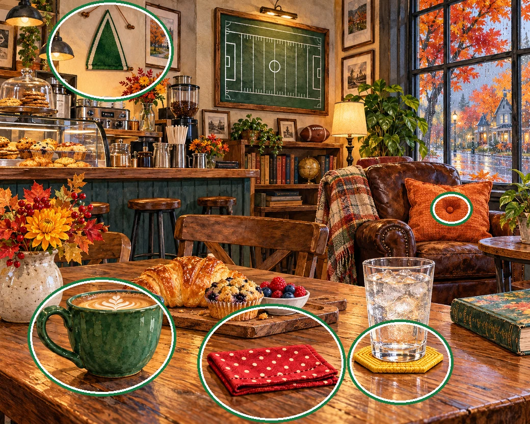 A cozy autumn cafe with coffee, pastries, a leather armchair and football decorations. — all five differences circled in green