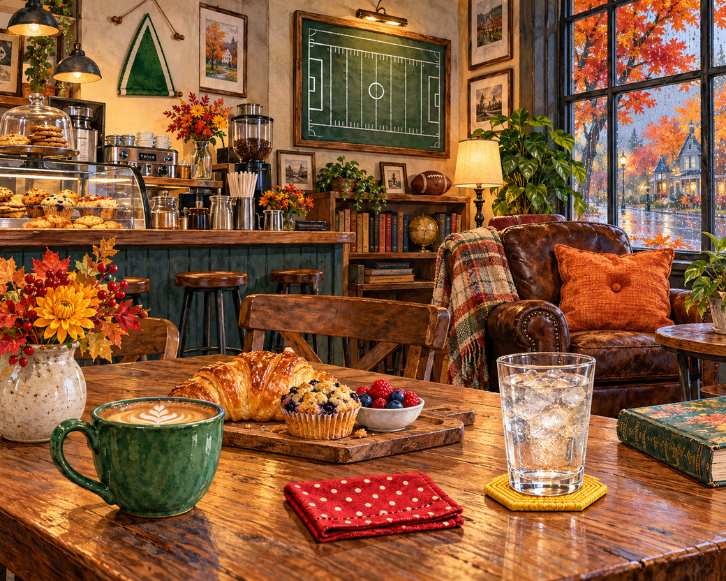 A cozy autumn cafe with coffee, pastries, a leather armchair and football decorations. — comparison picture