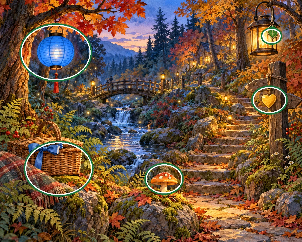 An autumn woodland stream and footbridge illuminated by lanterns at twilight. — all five differences circled in green