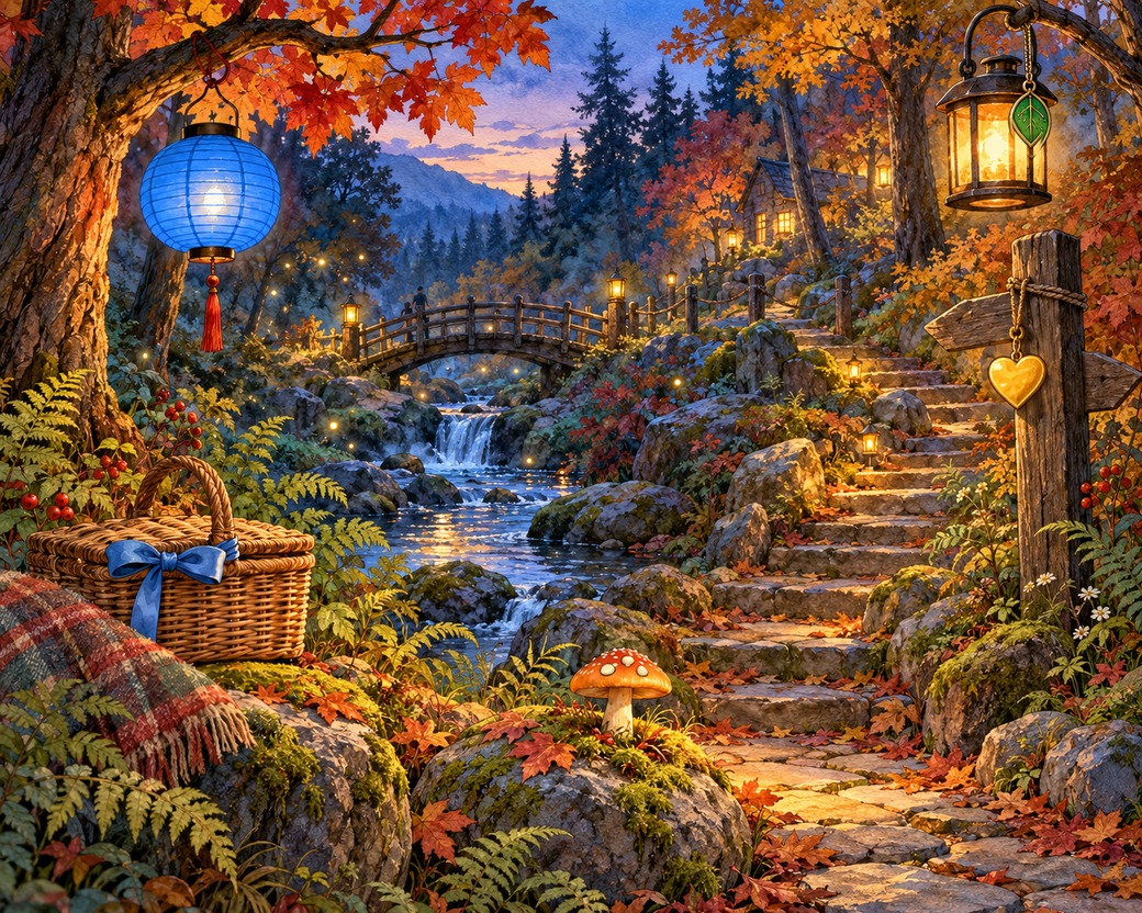 An autumn woodland stream and footbridge illuminated by lanterns at twilight. — comparison picture