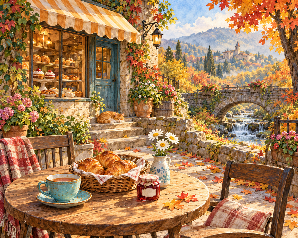 A watercolor bakery terrace overlooking a stone bridge with pastries, daisies and a sleeping cat.
