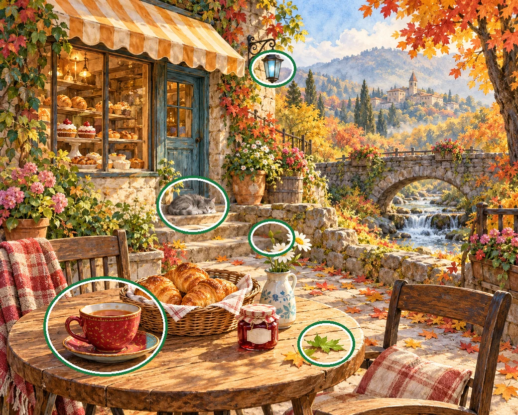 A watercolor bakery terrace overlooking a stone bridge with pastries, daisies and a sleeping cat. — all five differences circled in green