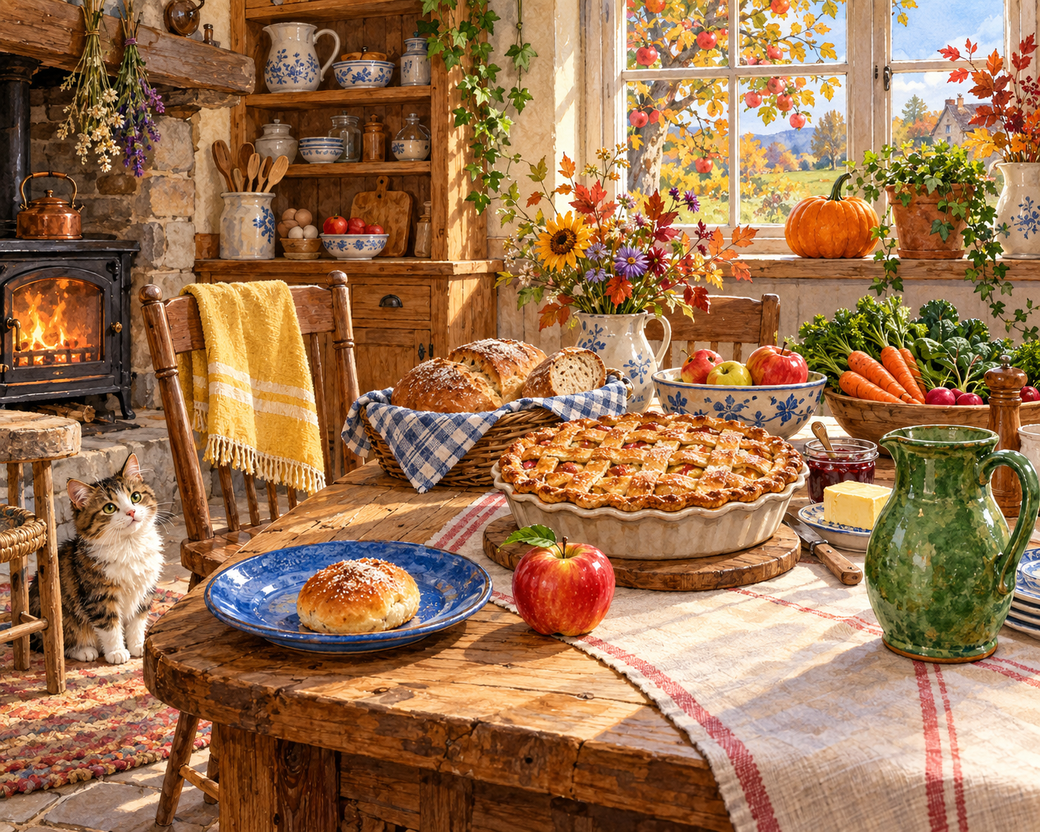 A sunny rustic kitchen with apple pie, bread, harvest produce and a curious cat.