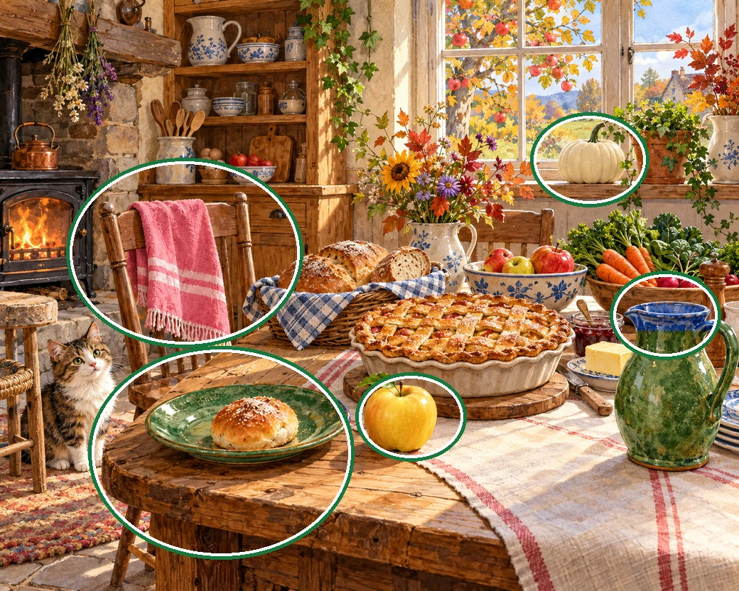 A sunny rustic kitchen with apple pie, bread, harvest produce and a curious cat. — all five differences circled in green