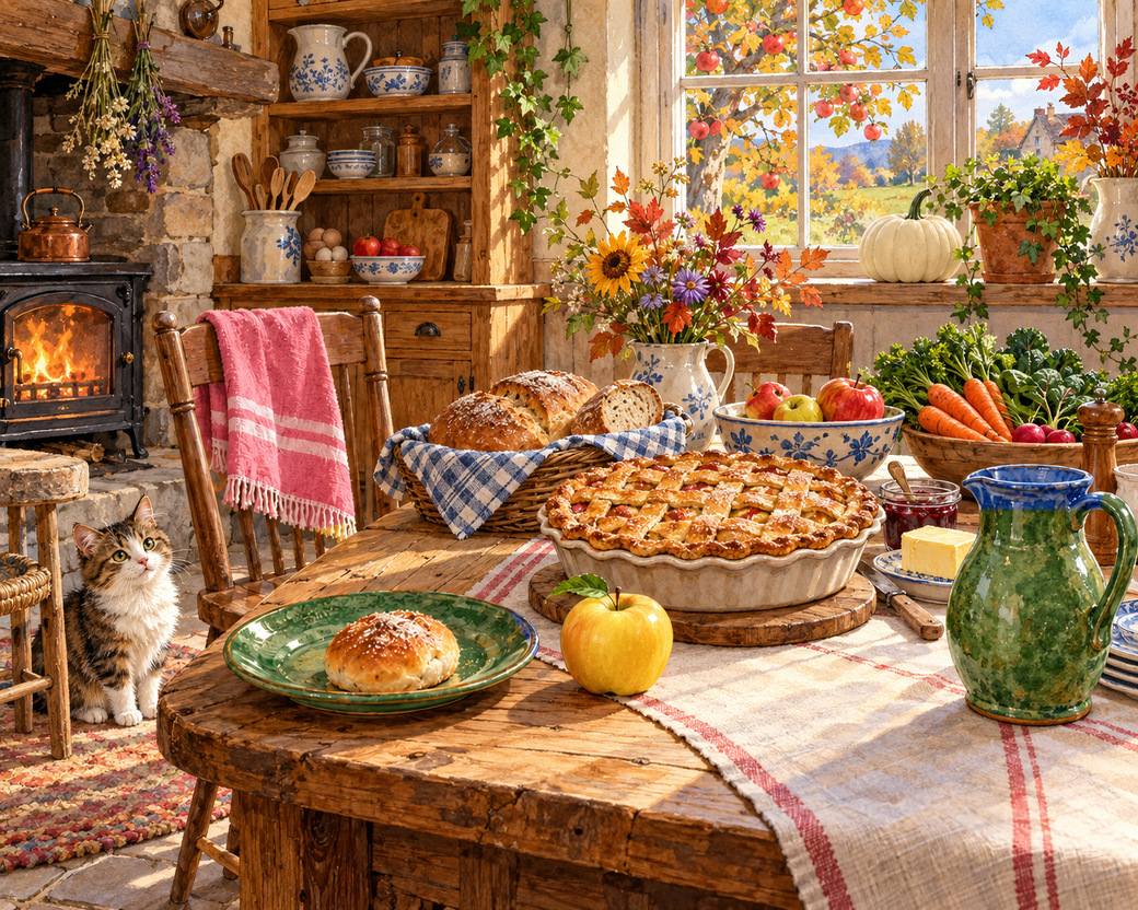 A sunny rustic kitchen with apple pie, bread, harvest produce and a curious cat. — comparison picture