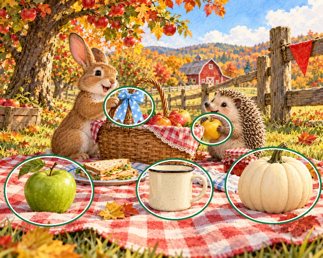 A rabbit and hedgehog share an apple harvest picnic in a sunlit autumn orchard. — all five differences circled in green