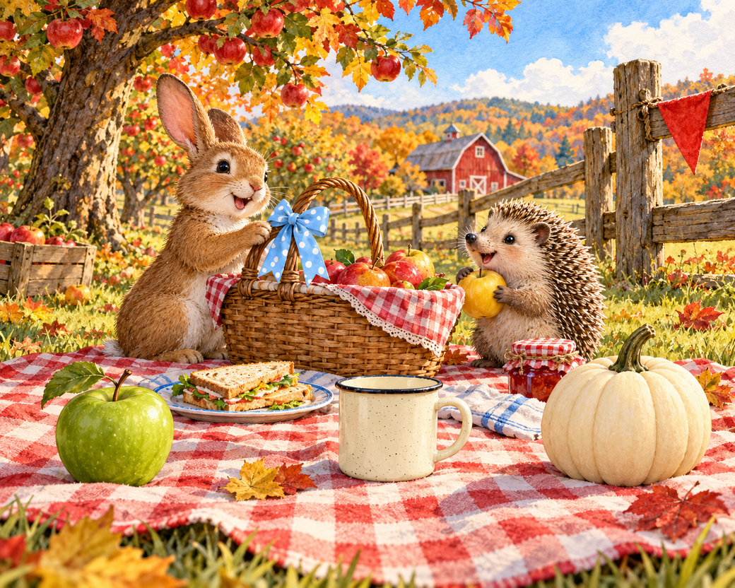 A rabbit and hedgehog share an apple harvest picnic in a sunlit autumn orchard. — comparison picture