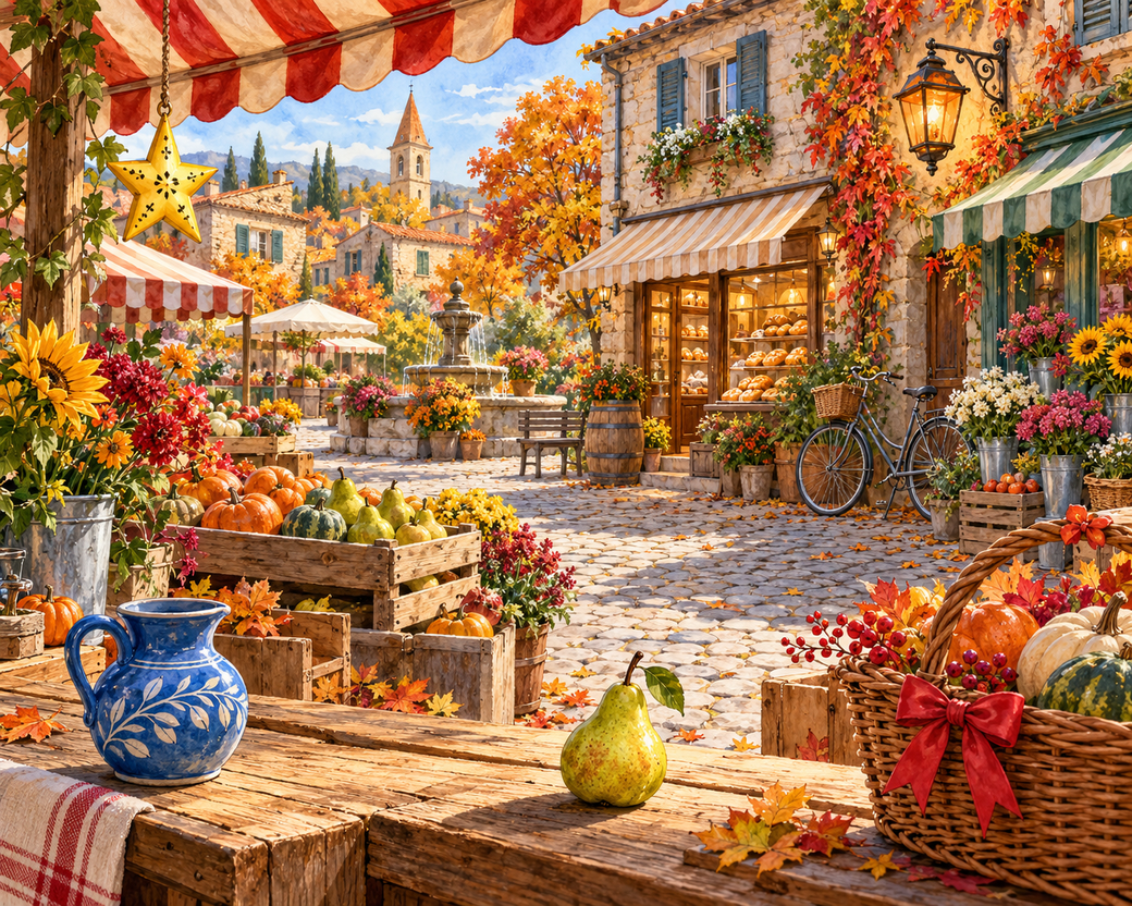 A richly detailed autumn village market with pumpkins, pears, baskets and glowing shop windows.