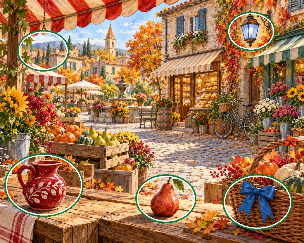 A richly detailed autumn village market with pumpkins, pears, baskets and glowing shop windows. — all five differences circled in green