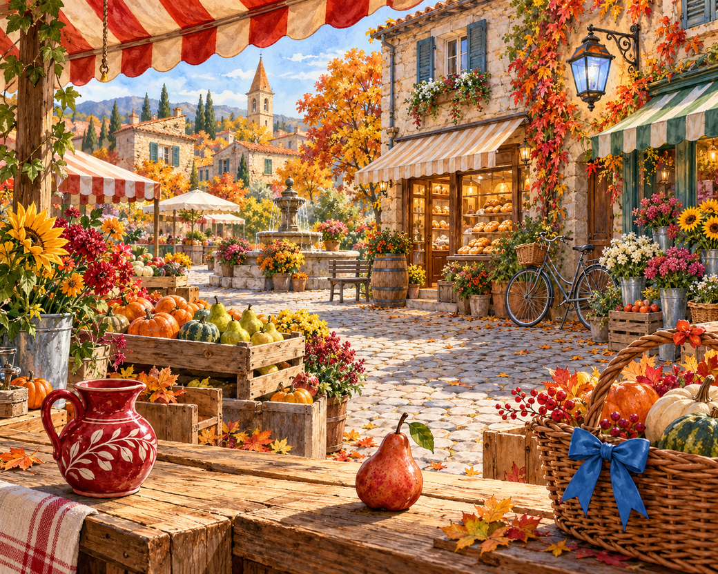 A richly detailed autumn village market with pumpkins, pears, baskets and glowing shop windows. — comparison picture
