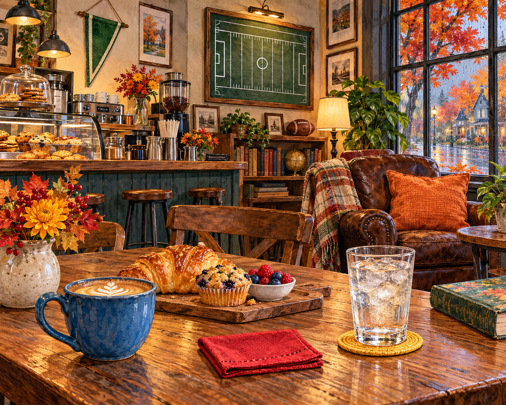 A cozy autumn cafe with coffee, pastries, a leather armchair and football decorations.