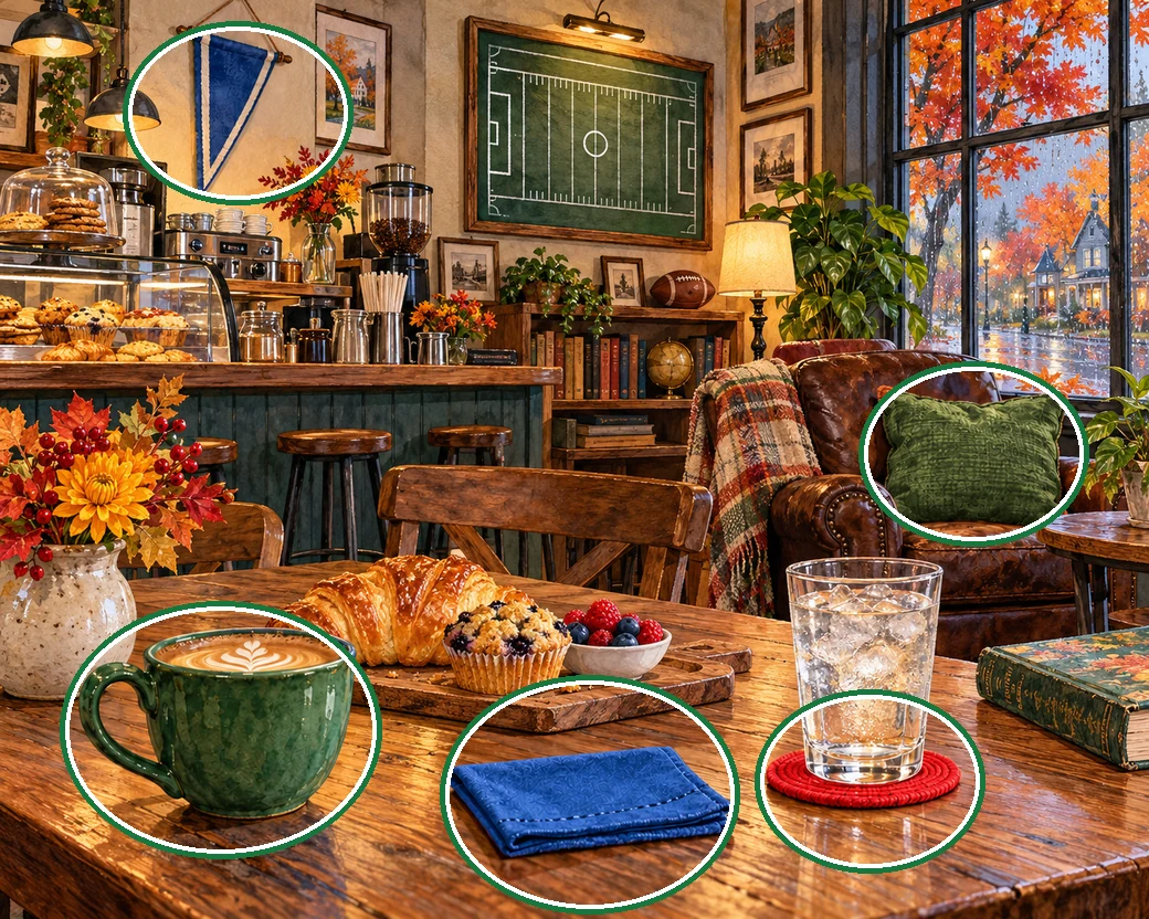 A cozy autumn cafe with coffee, pastries, a leather armchair and football decorations. — all five differences circled in green