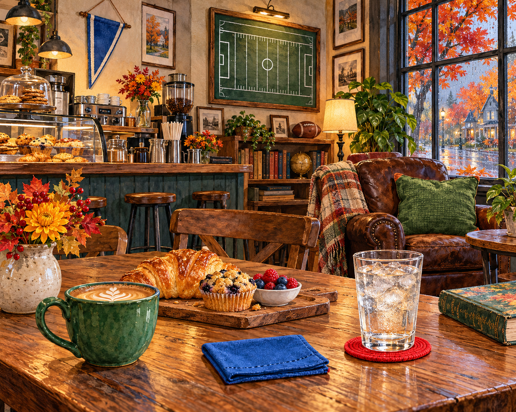 A cozy autumn cafe with coffee, pastries, a leather armchair and football decorations. — comparison picture