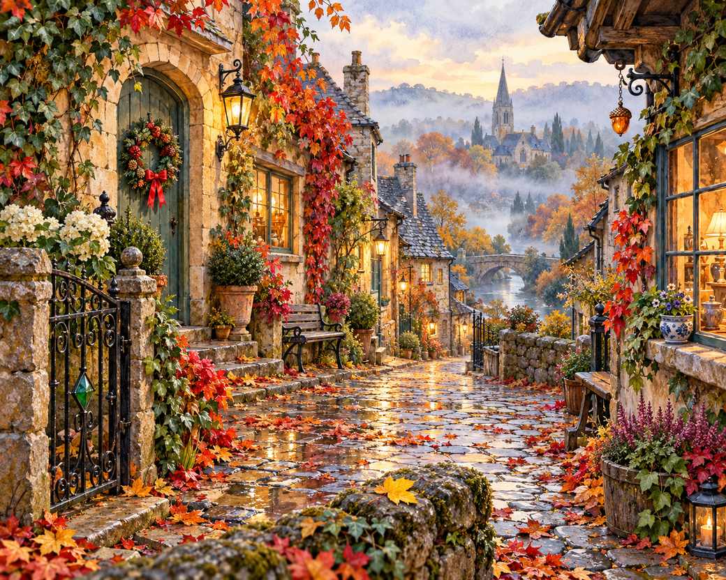 A misty European village lane with autumn foliage, cottage doors and glowing lanterns.