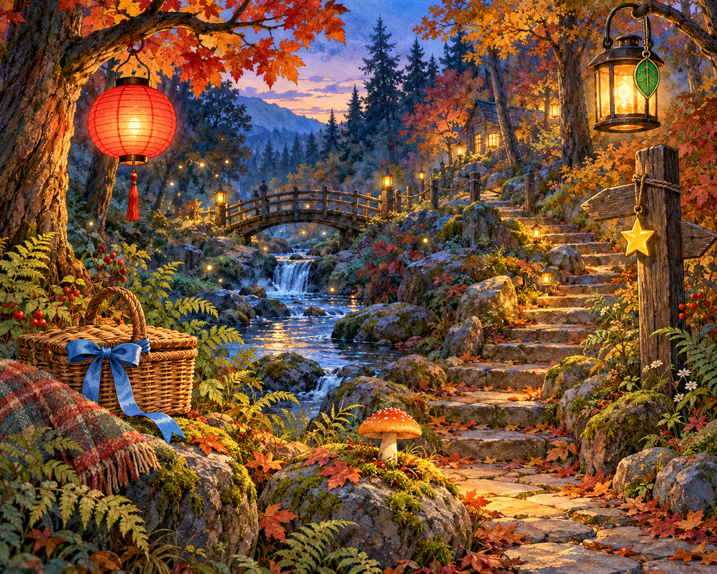 An autumn woodland stream and footbridge illuminated by lanterns at twilight.