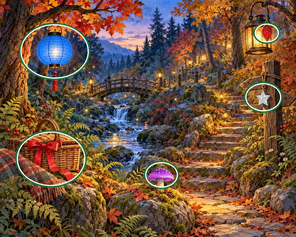An autumn woodland stream and footbridge illuminated by lanterns at twilight. — all five differences circled in green