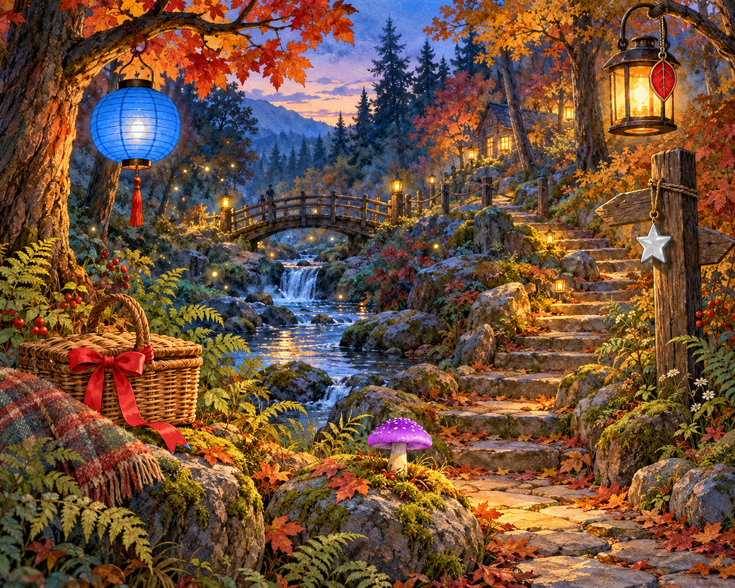 An autumn woodland stream and footbridge illuminated by lanterns at twilight. — comparison picture